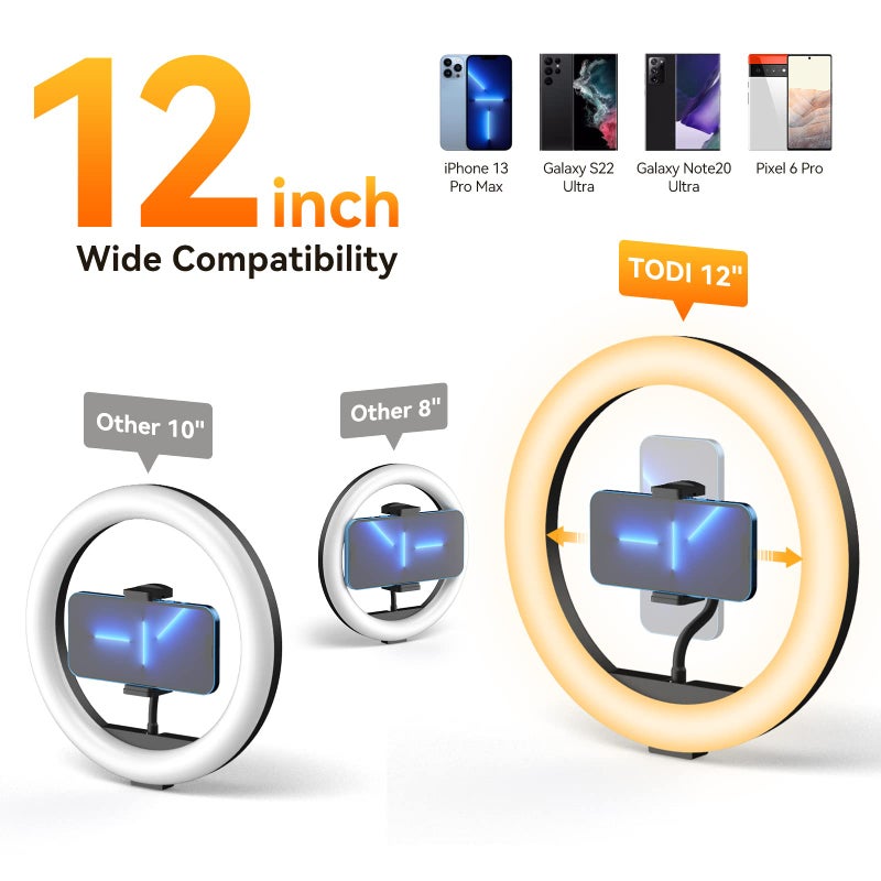 TODI 12" Ring Light with 63" extendable Tripod Stand, Selfie RingLight with Phone Holder and Selfie Remote, 2-in-1 Dimmable LED Ring Light for Makeup, Live Stream, Photography - Image 3